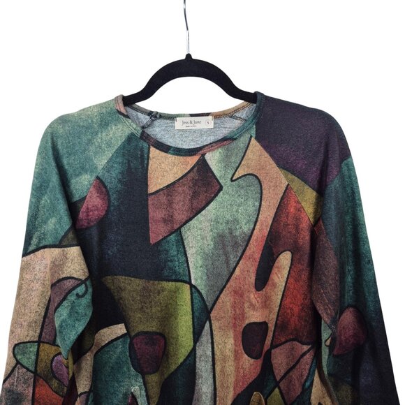 Jess & Jane Top Womens S Green Blouse 3/4 Sleeve French Brushed Knit Art To Wear - Picture 3 of 8